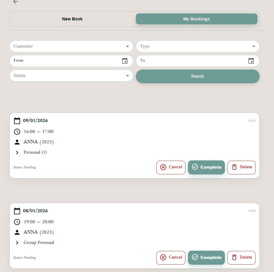 Manual Booking & Session Completion